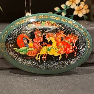 Vintage Russian Hand Painted Brooch with Vibrant Red and Green Design